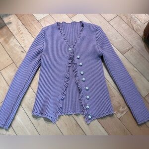 Women’s Purple Ribbed Cardigan with Pearl Buttons and Fray Detail Size Small
